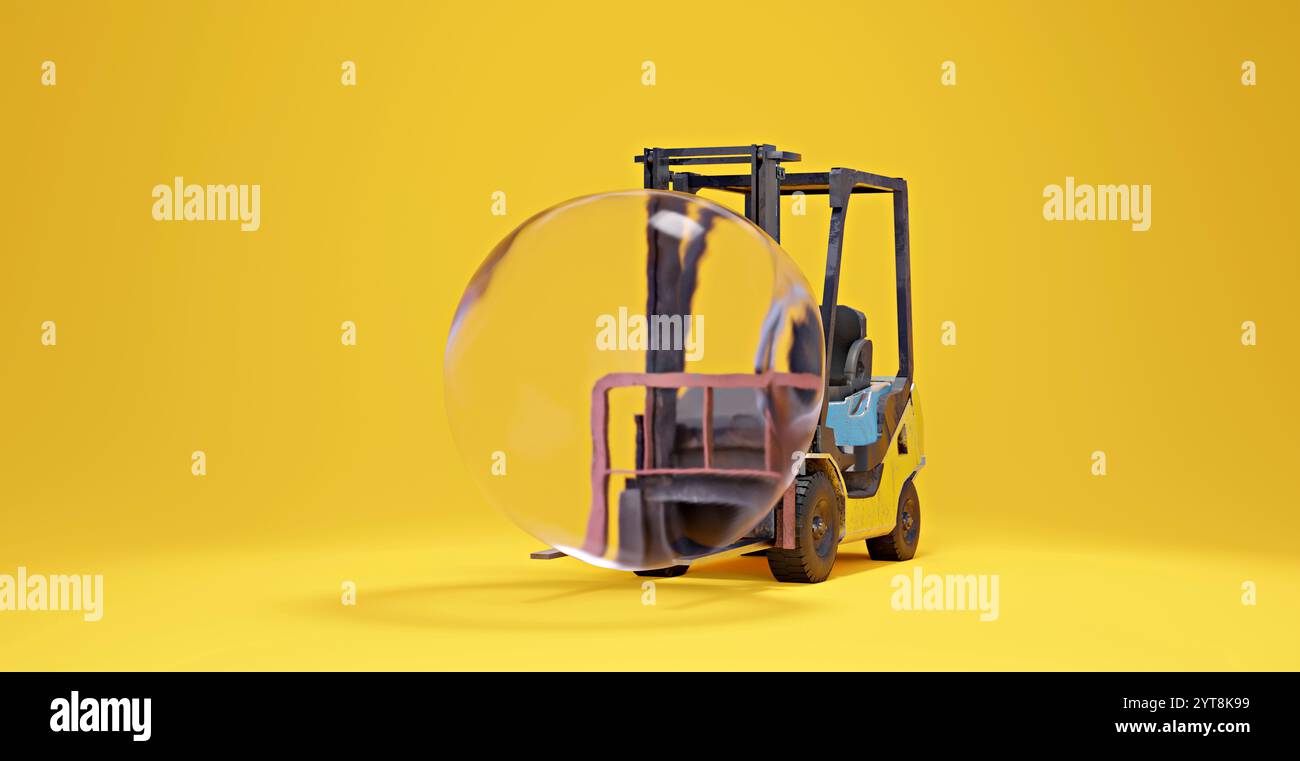 Immagine simbolica per trasporto e carico inefficaci con carrello elevatore a forche e una bolla, rendering 3D Foto Stock
