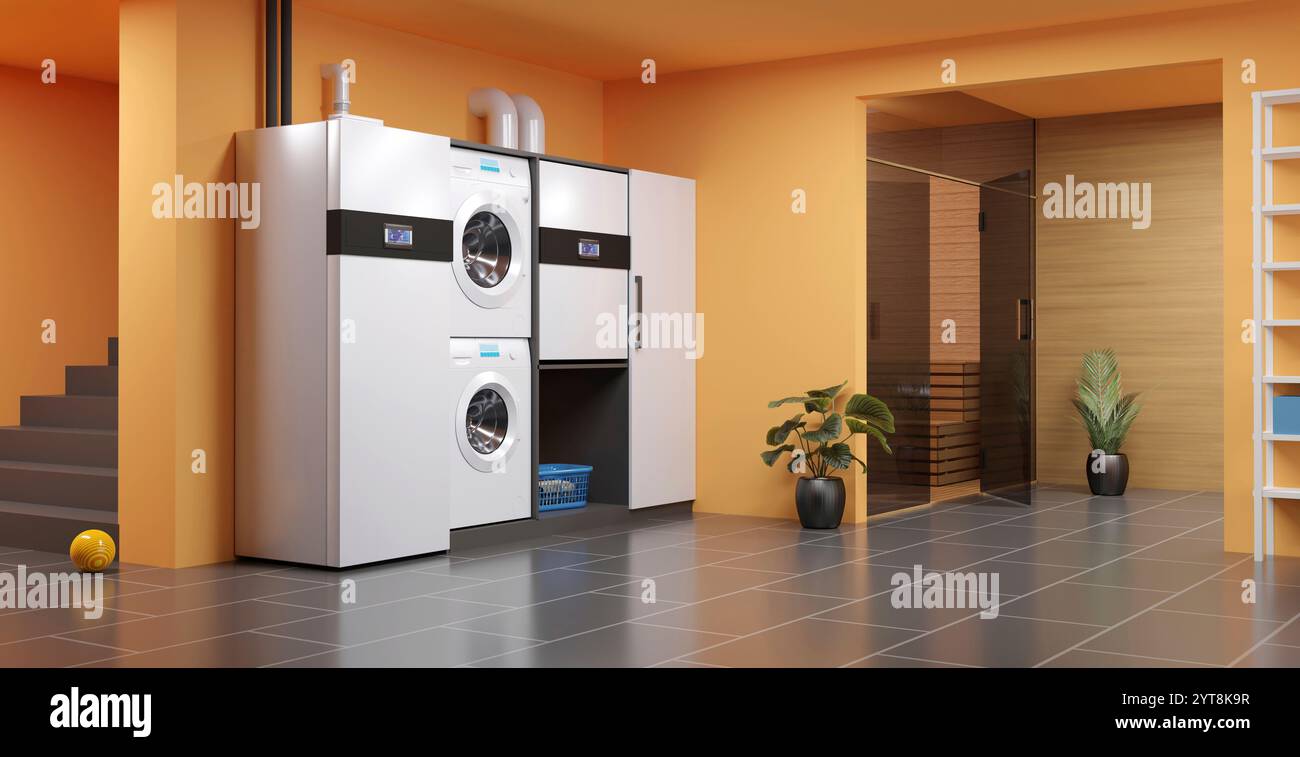 Un moderno sistema di riscaldamento a pompa di calore aria-acqua per famiglie private, illustrazione 3D Foto Stock
