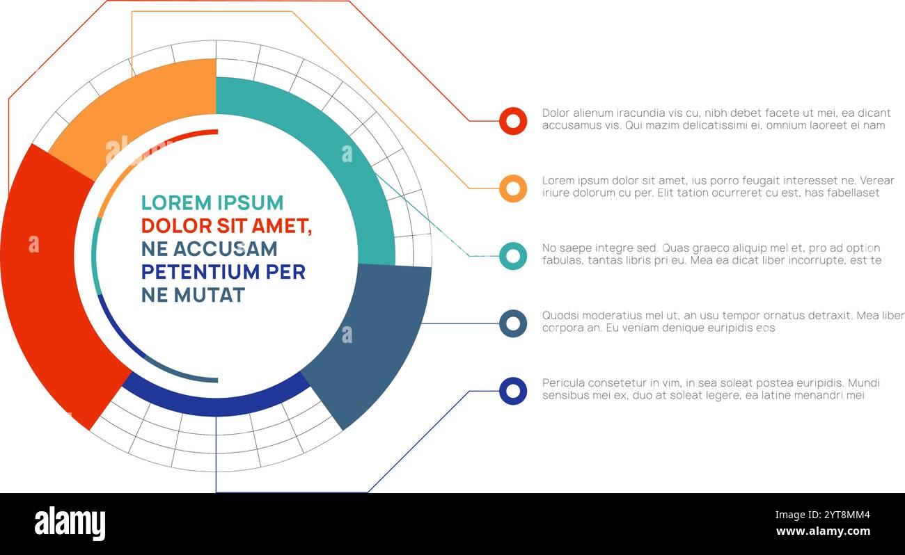 Il grafico a torta colorato con sezioni di dimensioni diverse, che rappresentano la quota di mercato o altri dati, viene visualizzato con testo esplicativo e elenco puntato Illustrazione Vettoriale