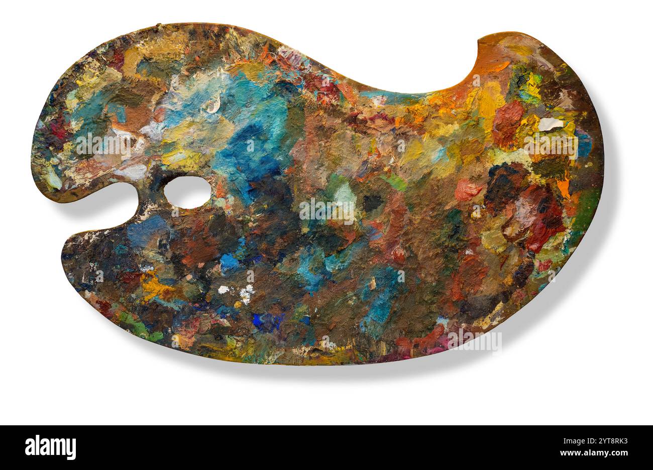 Coloratissima tavolozza di pittura isolata in bianco con ombra Foto Stock