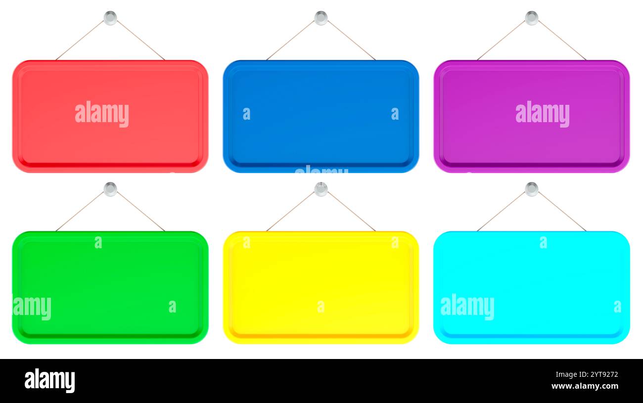 Cartelli colorati per le portiere, vista frontale. Rendering 3D isolato su sfondo bianco Foto Stock