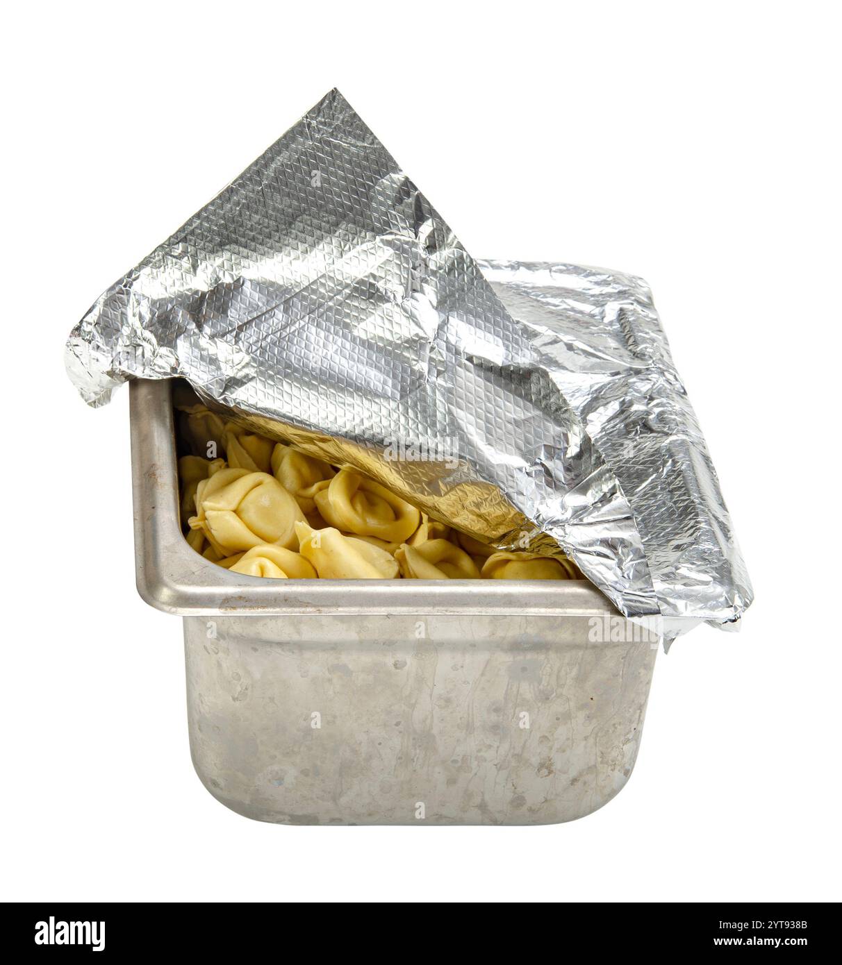 Contenitore metallico per la conservazione del ristorante con stagnola parzialmente rimossa, USA Foto Stock