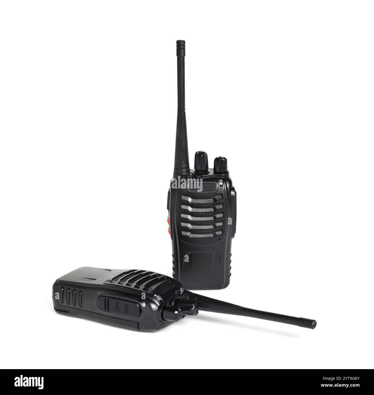 Due walkie talkie neri su sfondo bianco Foto Stock