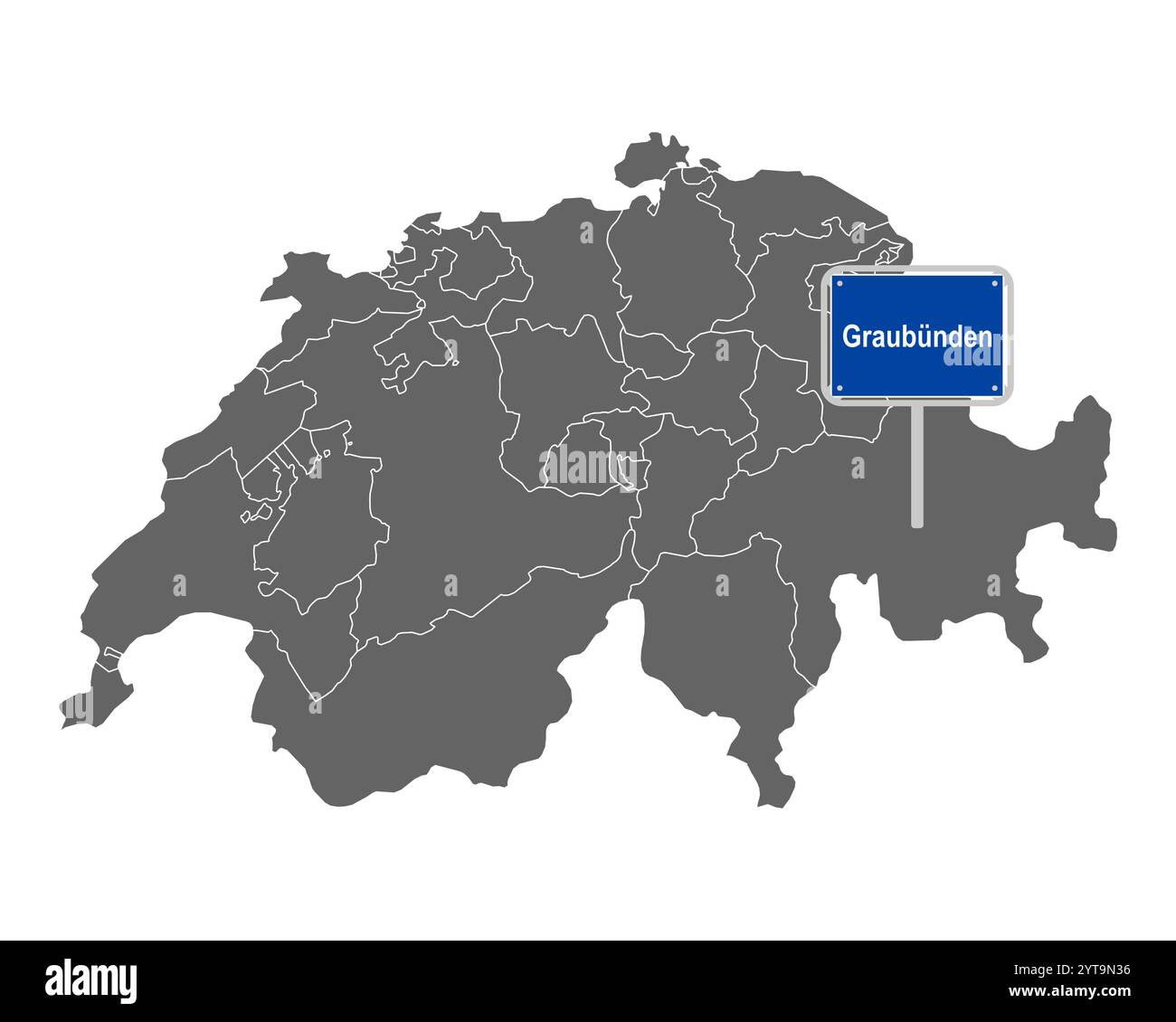 Mappa della Svizzera con il nome del luogo segno di Graubünden Foto Stock