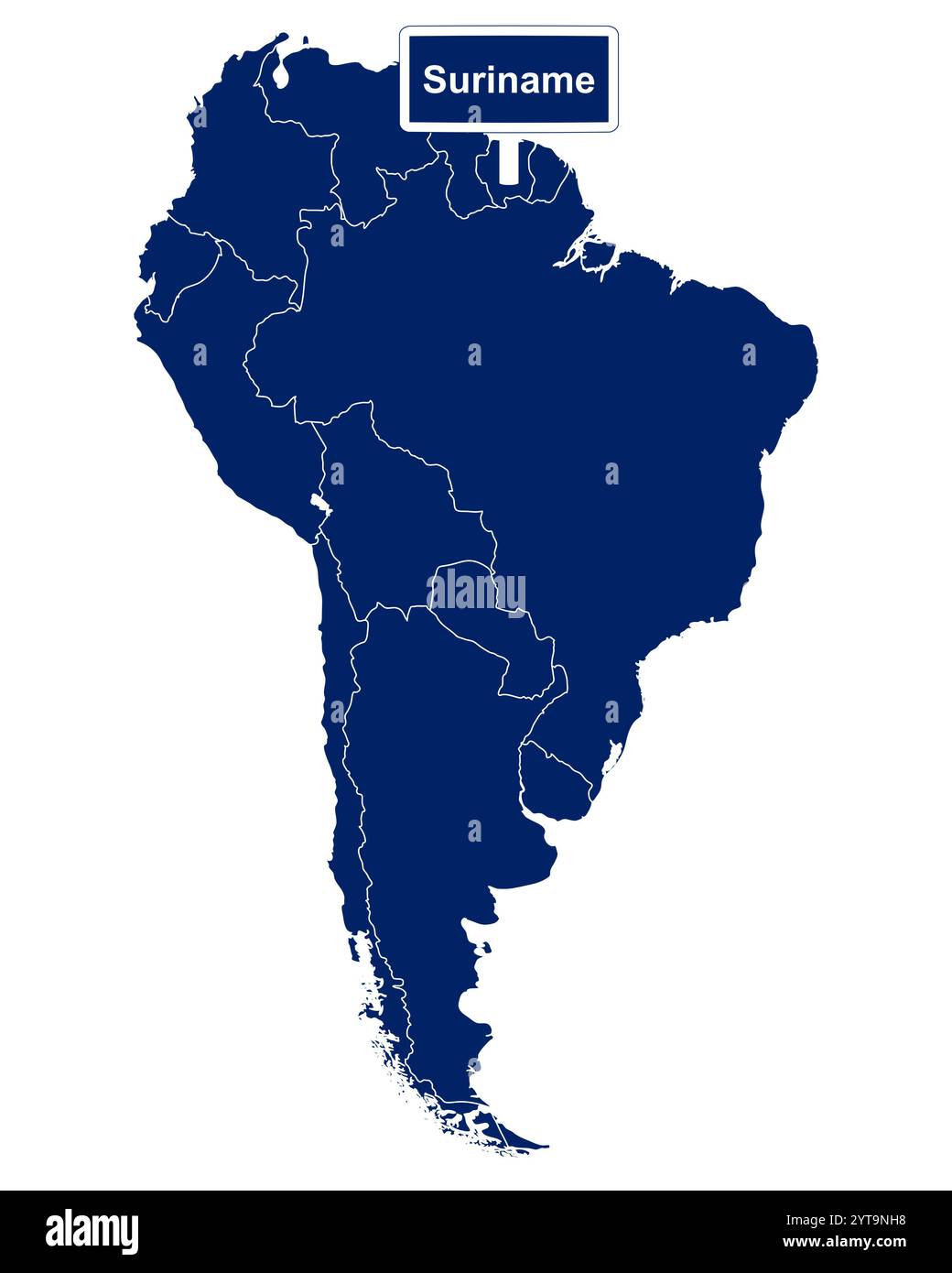 Suriname con mappa del Sud America e cartello stradale Foto Stock