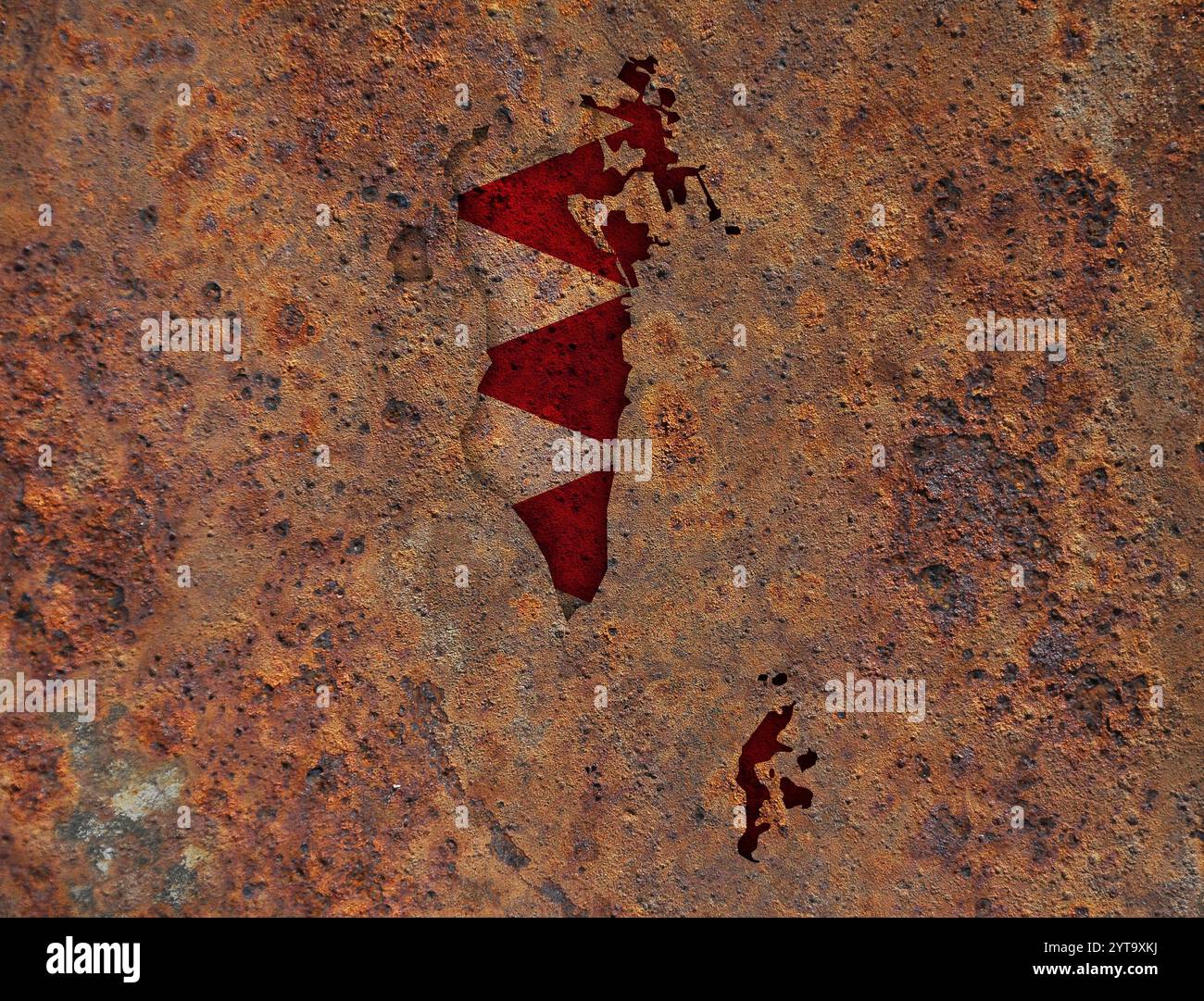 Mappa e bandiera del Bahrain sul metallo arrugginito Foto Stock