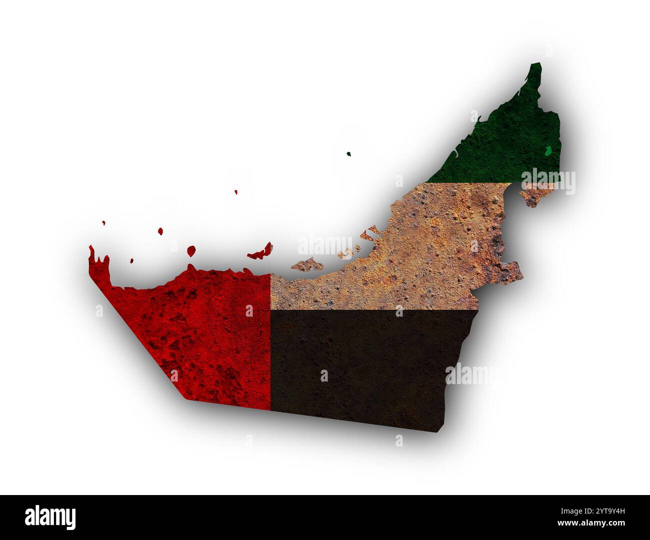 Mappa e bandiera degli Emirati Arabi Uniti su metallo arrugginito Foto Stock