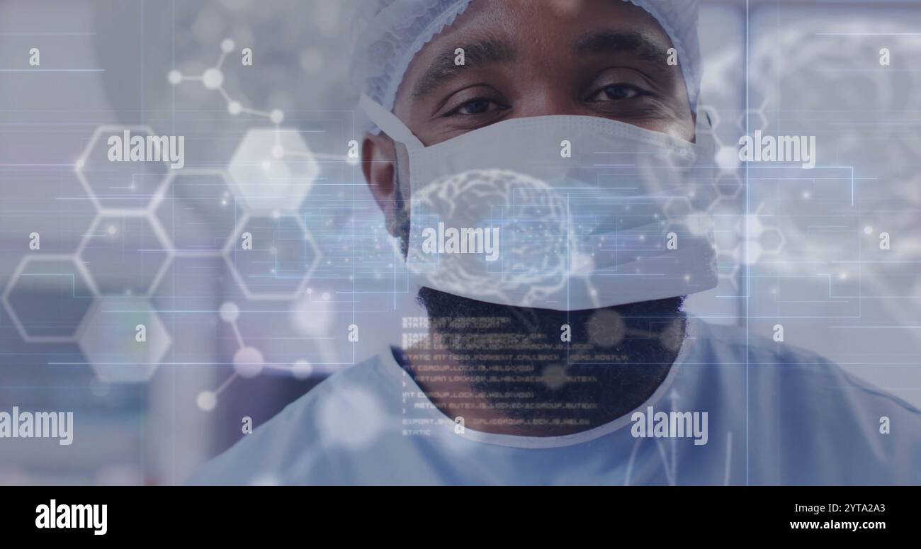 Immagine dell'elaborazione dei dati con molecole e cervelli rispetto al chirurgo afroamericano maschile Foto Stock