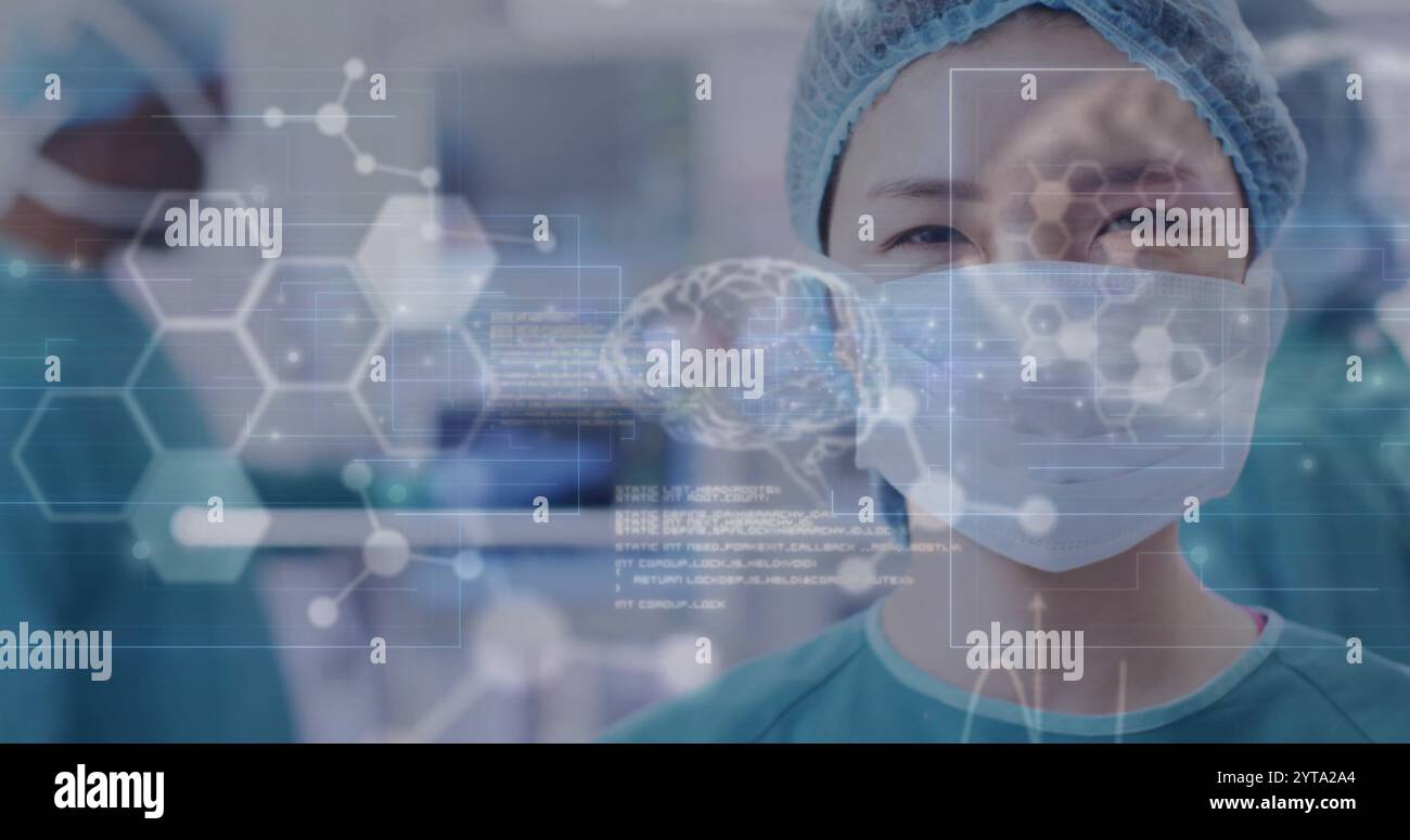 Immagine dell'elaborazione dei dati con molecole e cervelli rispetto al chirurgo asiatico in ospedale Foto Stock