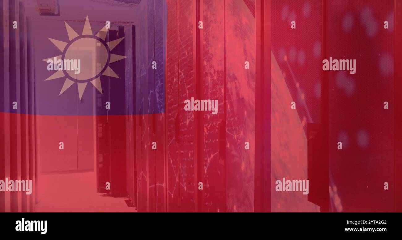 Immagine della bandiera di taiwan e del globo sopra la sala server Foto Stock