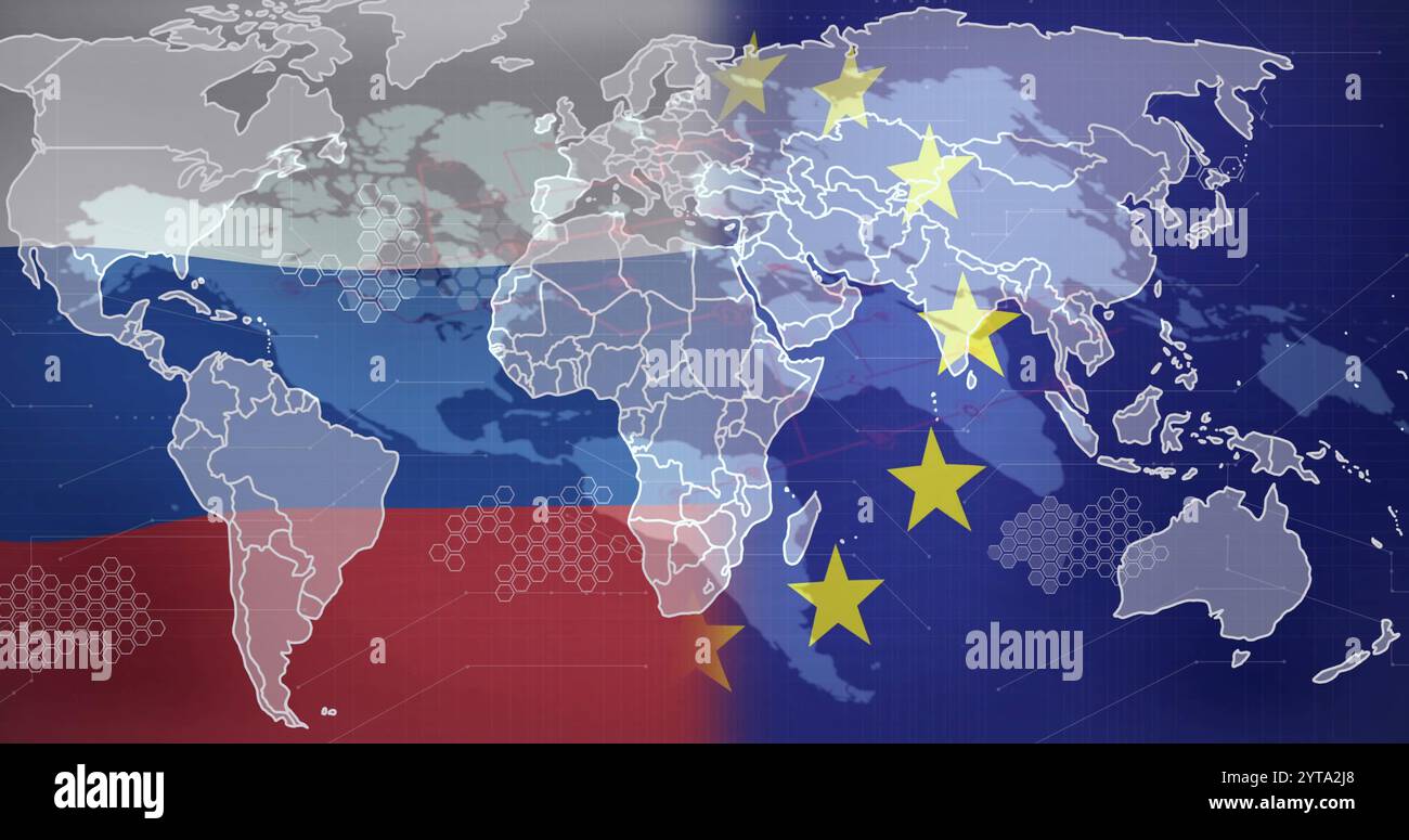 Mappa del mondo con l'immagine delle bandiere della Russia e dell'Unione europea Foto Stock