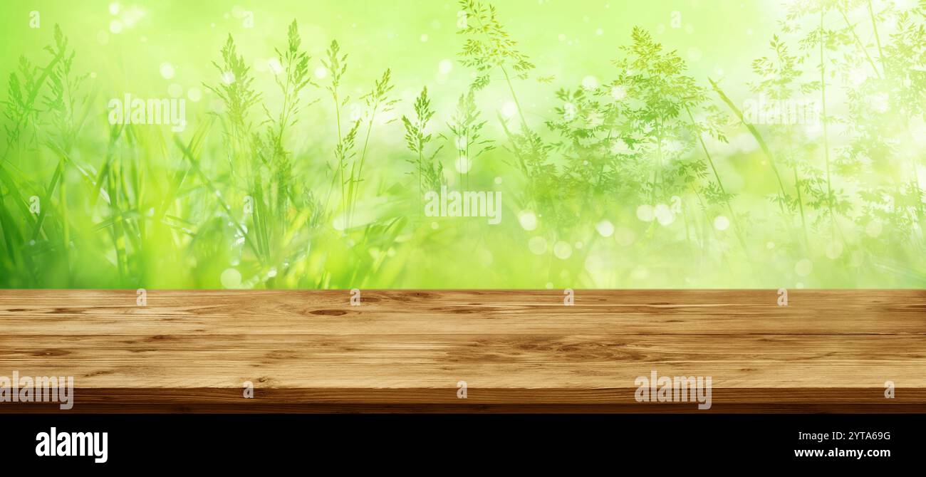 Bancone in legno vuoto di fronte a una crescita verde radiosa con bokeh luminoso. Scena Natur in primavera per decorazioni stagionali. Sfondo per le presentazioni e spazio per il testo. Foto Stock