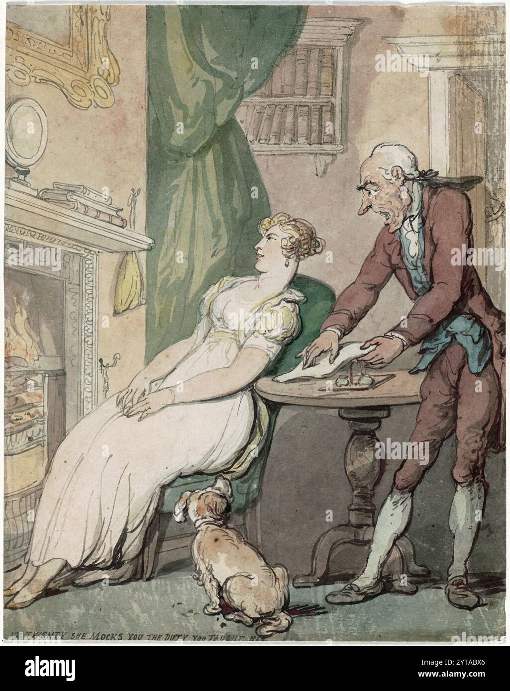 Un'incisione colorata a 20 anni si prende gioco del dovere che le hai insegnato. Il Tradesmans Bill. Acquerello su carta vintage del XIX secolo creato da Thomas Rowlandson opere d'arte a stampa antica caricature umane, stampa satirica cartoon politico stampa antica. Foto Stock