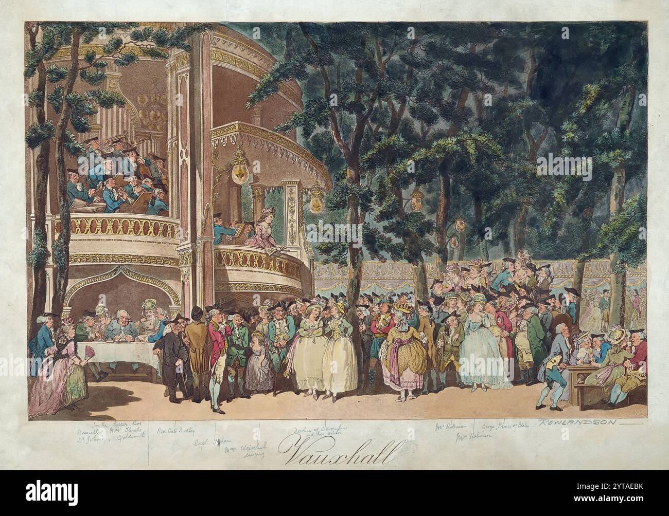 Un'incisione colorata di Vauxhall Gardens London. Acquerello su carta vintage del XIX secolo creato da Thomas Rowlandson, opere d'arte a stampa antica Foto Stock