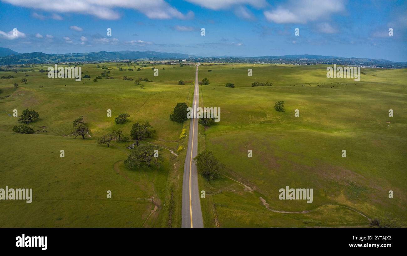 APRILE 2023, SANTA YNEZ, CA. - USA - California Oaks e State Highway su una collina verde e erbosa fuori Santa Ynez in primavera Foto Stock