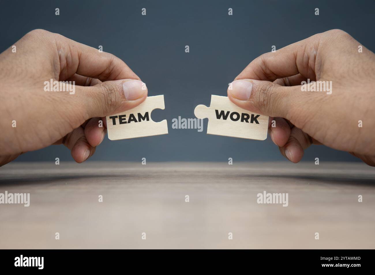 Due mani che reggono pezzi del puzzle con le parole "SQUADRA" e "LAVORO". Concetto di collaborazione e lavoro di squadra. Foto Stock