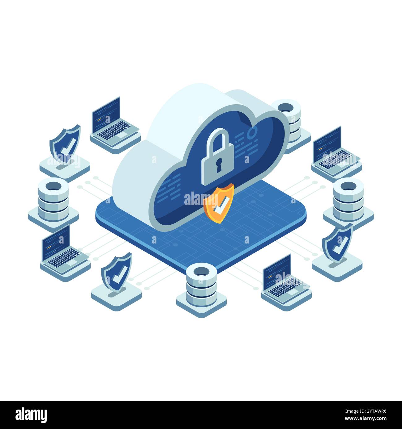 Concetto di sicurezza cloud isometrica con elementi di protezione dei dati. Concetto di sicurezza sul cloud Illustrazione Vettoriale