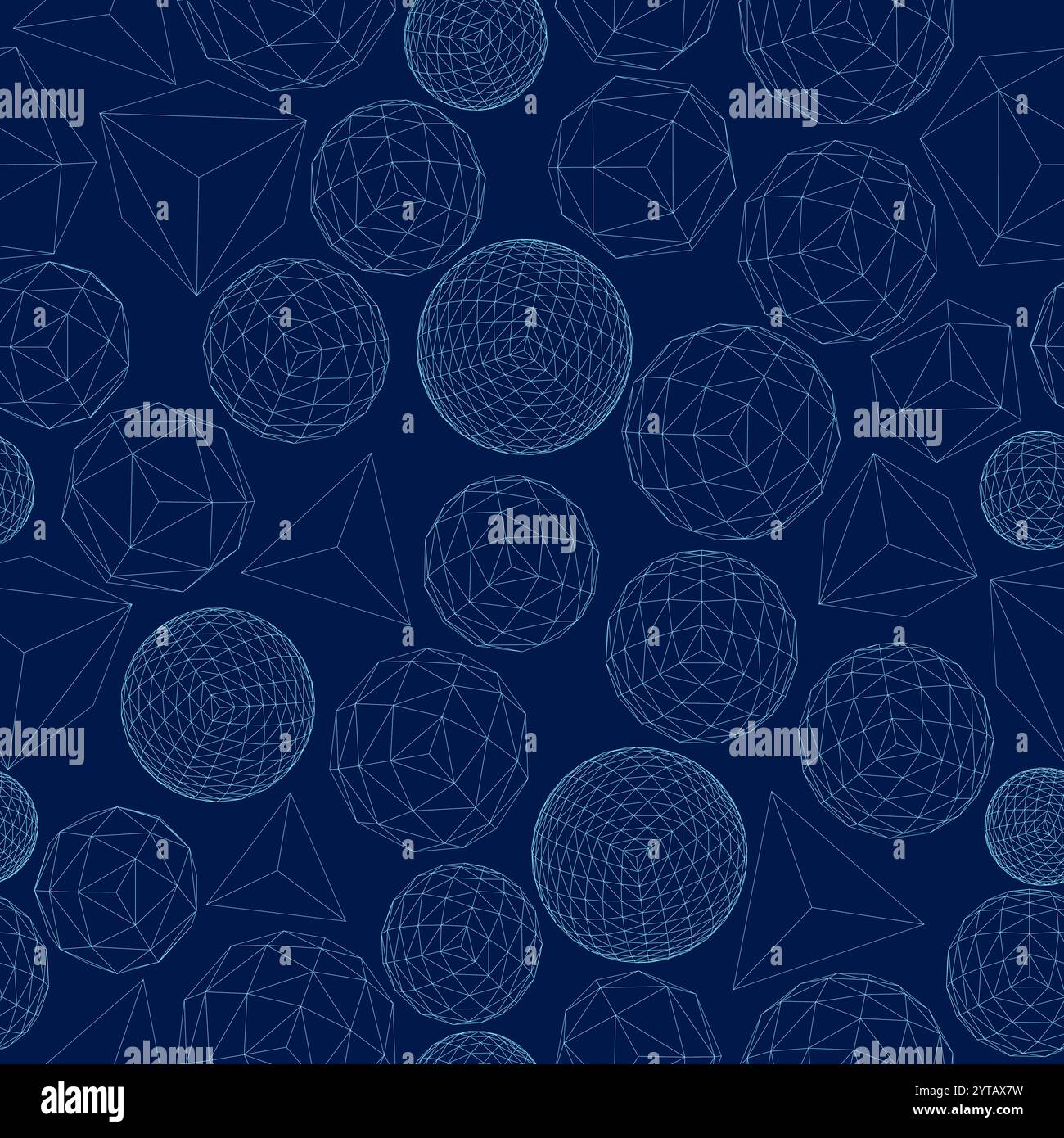 Profilo della texture senza cuciture con forme geometriche realizzate con linee blu isolate su sfondo scuro. Sfere poligonali, rettangoli e piramidi. Illustrazione Vettoriale