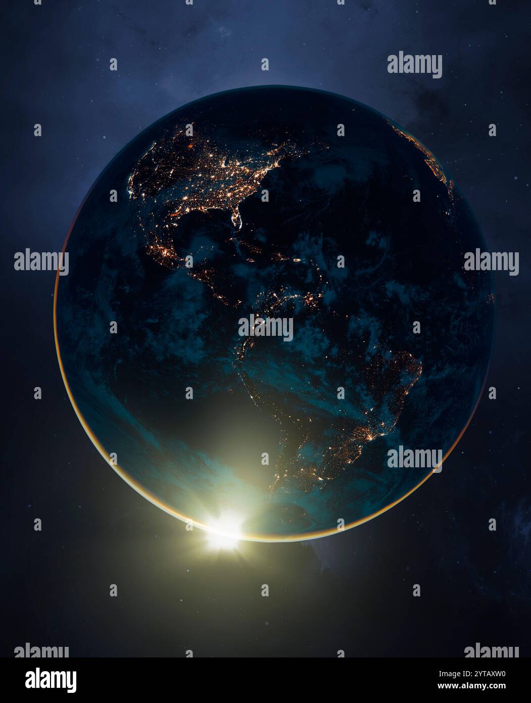 Illustrazione stilizzata che raffigura il lato notturno della Terra visto dallo spazio, con il Sole dietro di esso, che sbircia sull'arto. Foto Stock