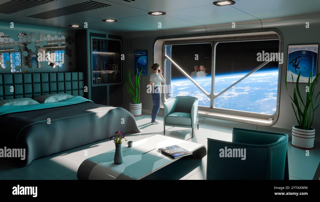 Potrebbe essere questo il futuro del turismo? Molto al di sopra della Terra - o in effetti, ovunque nel sistema solare - un hotel orbitante potrebbe essere un luogo di svago per i cittadini che vogliono fuggire da tutto. Foto Stock