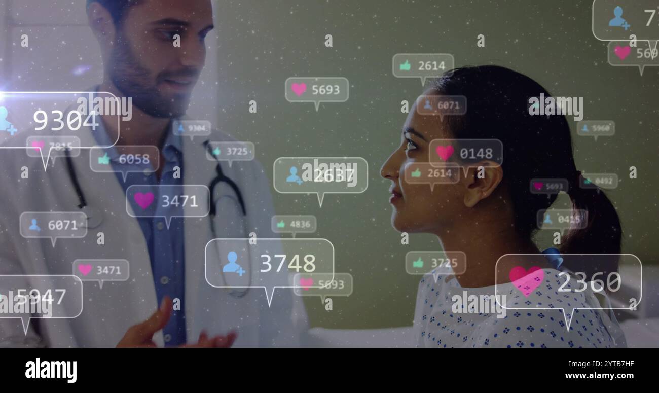 Immagine di coinvolgimento dei social media su medico e paziente in consultazione medica Foto Stock