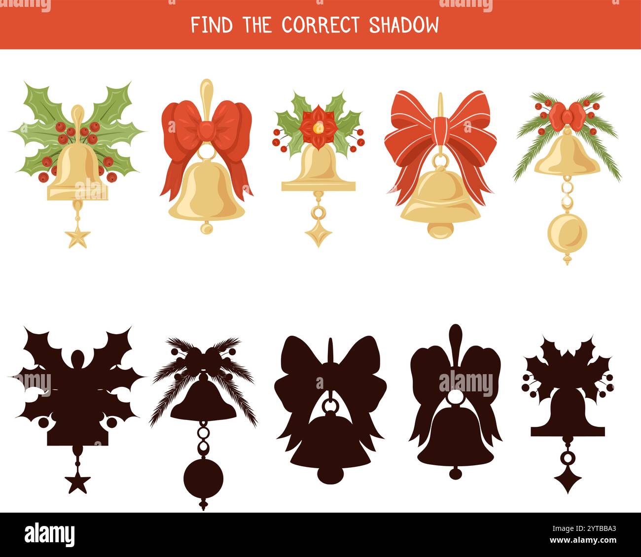 Gioco educativo vettoriale per bambini. Abbina le campane colorate di Natale alle ombre corrette. Attività divertenti per i bambini per migliorare la percezione visiva e Illustrazione Vettoriale