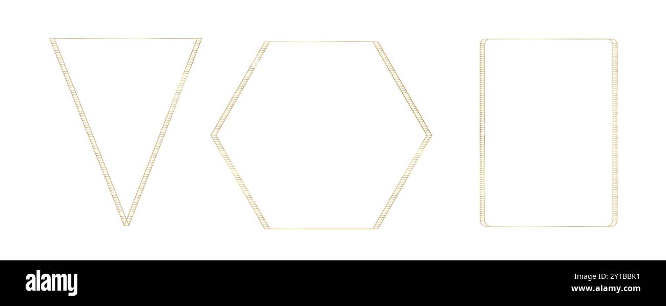 Collezione di eleganti montature in oro lineari sottili. Rettangolo, esagono, triangolo bordo elegante con elementi decorativi per l'invito al matrimonio Illustrazione Vettoriale