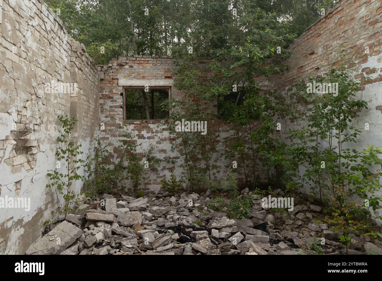 Un vecchio edificio crollato nella base dell'esercito sovietico in Lettonia, in Europa. Edificio abbandonato in mattoni bianchi. Foto Stock