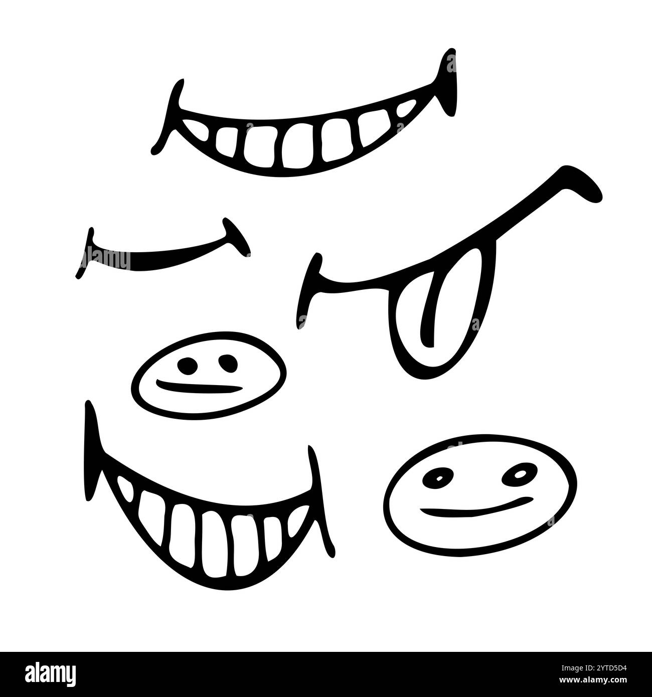 Il cartone animato sorride e sorride con un'espressione allegra, sorridente e premurosa. Una bocca disegnata a mano, un'icona a forma di cartoni animati. Una raccolta di divertenti fumetti in bocca Illustrazione Vettoriale
