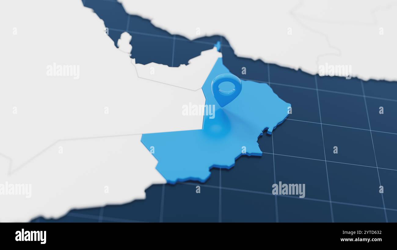 Mappa 3d Blue Oman con puntino circondato da altri paesi in bianco. Europa carta politica con confini. illustrazione di rendering 3d. Foto Stock