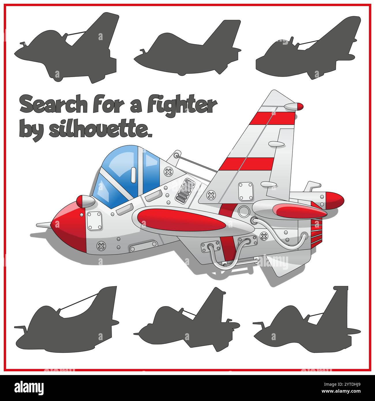 Gioco per bambini, puzzle. Cerca un aereo in base alla silhouette. Isolato su sfondo bianco. Illustrazione vettoriale. Illustrazione Vettoriale