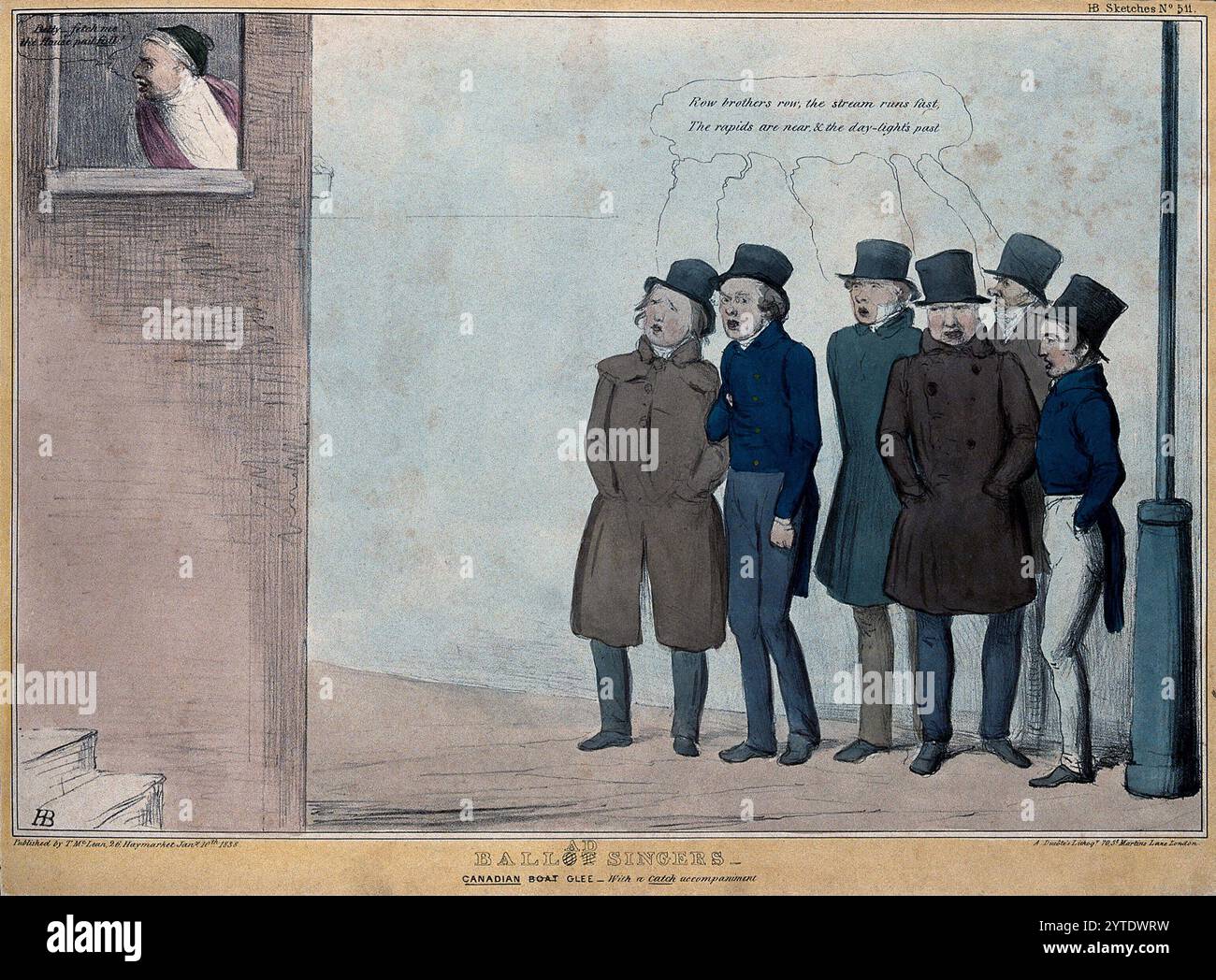 Politici liberali e radicali come cantanti di ballate (Thomas Wakley, Charles Buller, D. W. Harvey, Joseph Hume, Lord Brougham e J.A. Roebuck) cantano una canzone simpatica per i ribelli canadesi sotto la finestra di John Bull, che propone di schiacciarli con il contenuto del secchio della casa. Litografia a colori di H.B. (John Doyle), 1838. Foto Stock