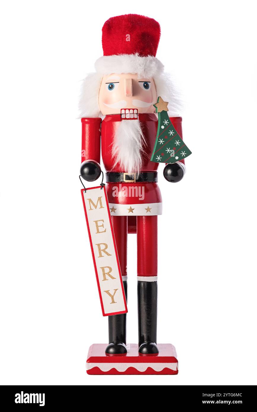 Soldato di Natale dello Schiaccianoci su sfondo bianco, statuetta giocattolo degli Schiaccianoci Foto Stock