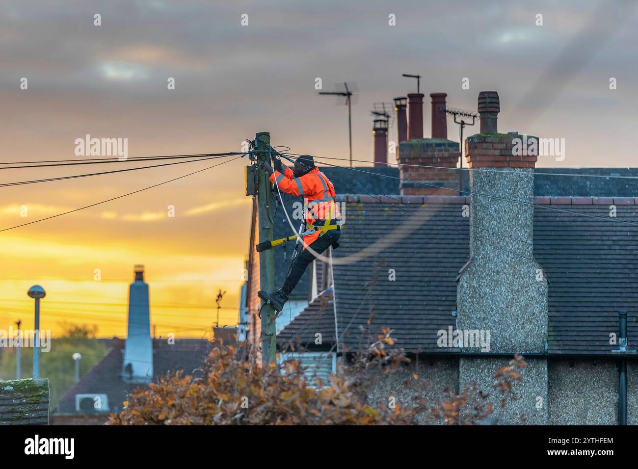 BT Engineer su un palo telefonico sulla banda larga in fibra ottica Garrick Rd nel tardo pomeriggio, Northampton, Inghilterra, Regno Unito. Foto Stock