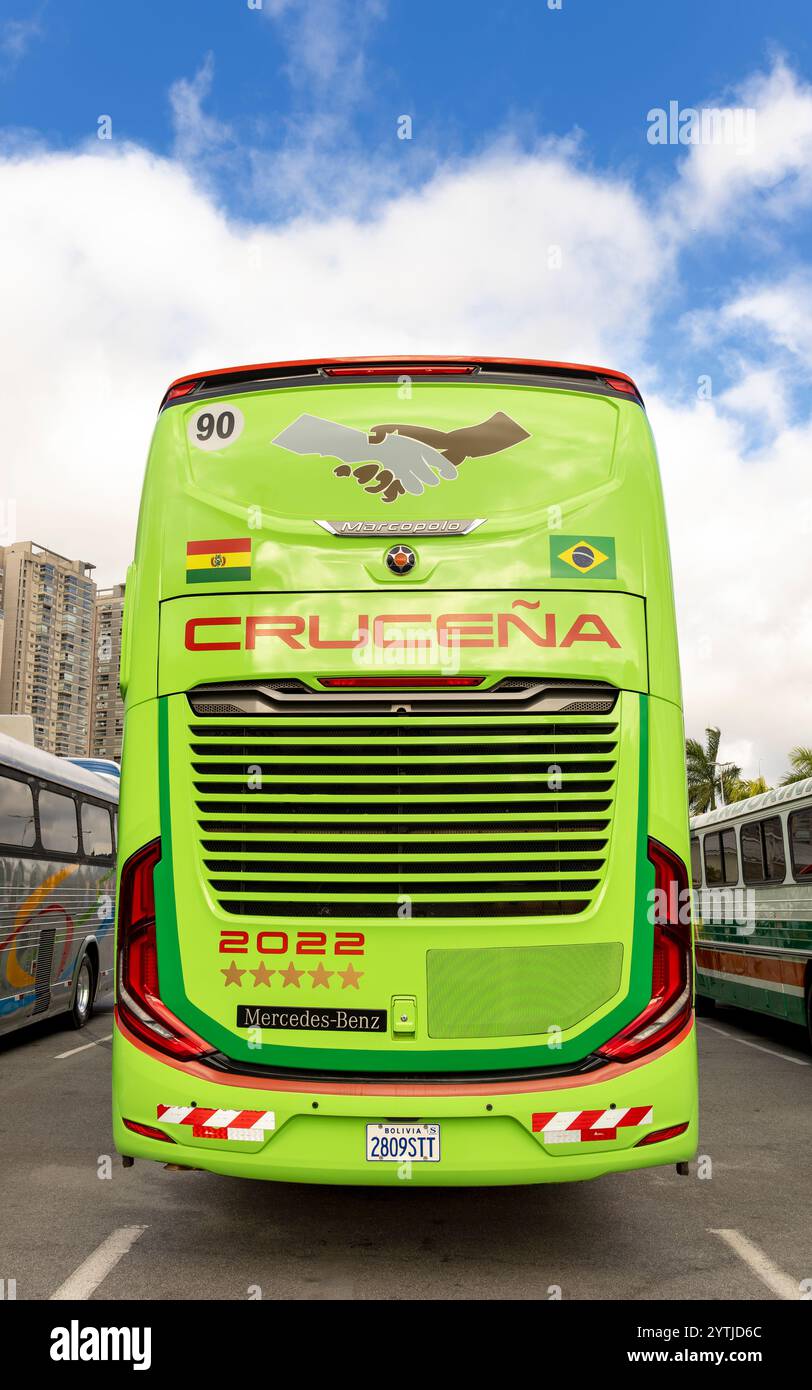 Marcopolo Paradiso G8 1800 DD Mercedes-Benz o-500RS Bluetec 6 2023 autobus moderno in mostra alla fiera Bus Brasil Fest 2024 in Brasile. Foto Stock