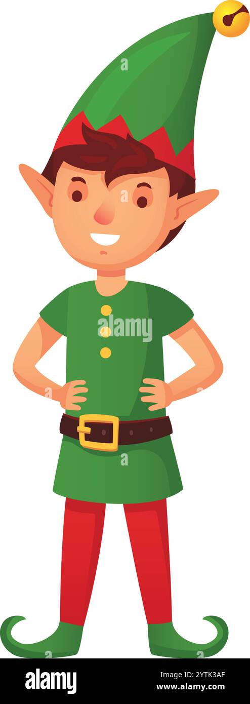 Buon elfo di natale con indosso un tradizionale costume verde e rosso, sorridente gioiosamente e in posa con le mani sui fianchi, che trasuda allegria festosa e pronto a farlo Illustrazione Vettoriale