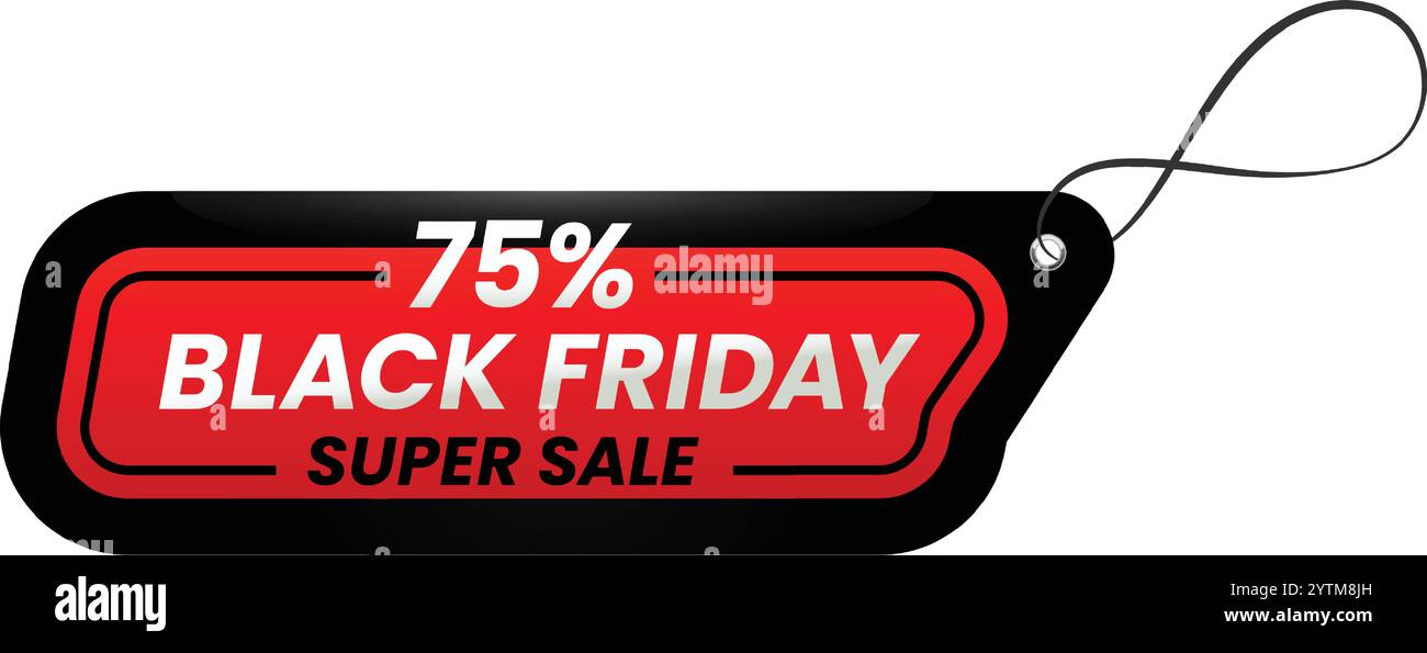 Cartellino promozionale Black friday con testo in grassetto rosso e bianco su sfondo nero, evidenziando uno sconto del 75%. Perfetto per le promozioni Illustrazione Vettoriale