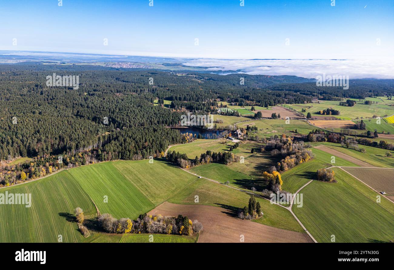 Grafenhausen, Germania, 10 novembre 2024: Vista da Grafenhausen sul Schlüchtsee verso Bonndorf nella Foresta Nera. La nebbia si è dissipata ad alta velocità Foto Stock