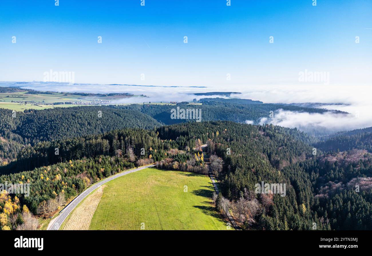 Bonndorf im Schwarzwald, Germania, 10 novembre 2024: Vista dall'alto sulla Foresta Nera. In alcuni punti la nebbia si è spenta, in altri Foto Stock