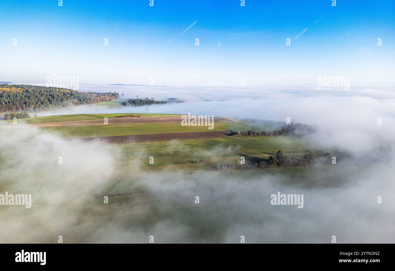 Bonndorf im Schwarzwald, Germania, 10 novembre 2024: Sopra la Foresta Nera, la nebbia copre il paesaggio come lana di cotone. (Foto di Andreas Haas/dieBild Foto Stock