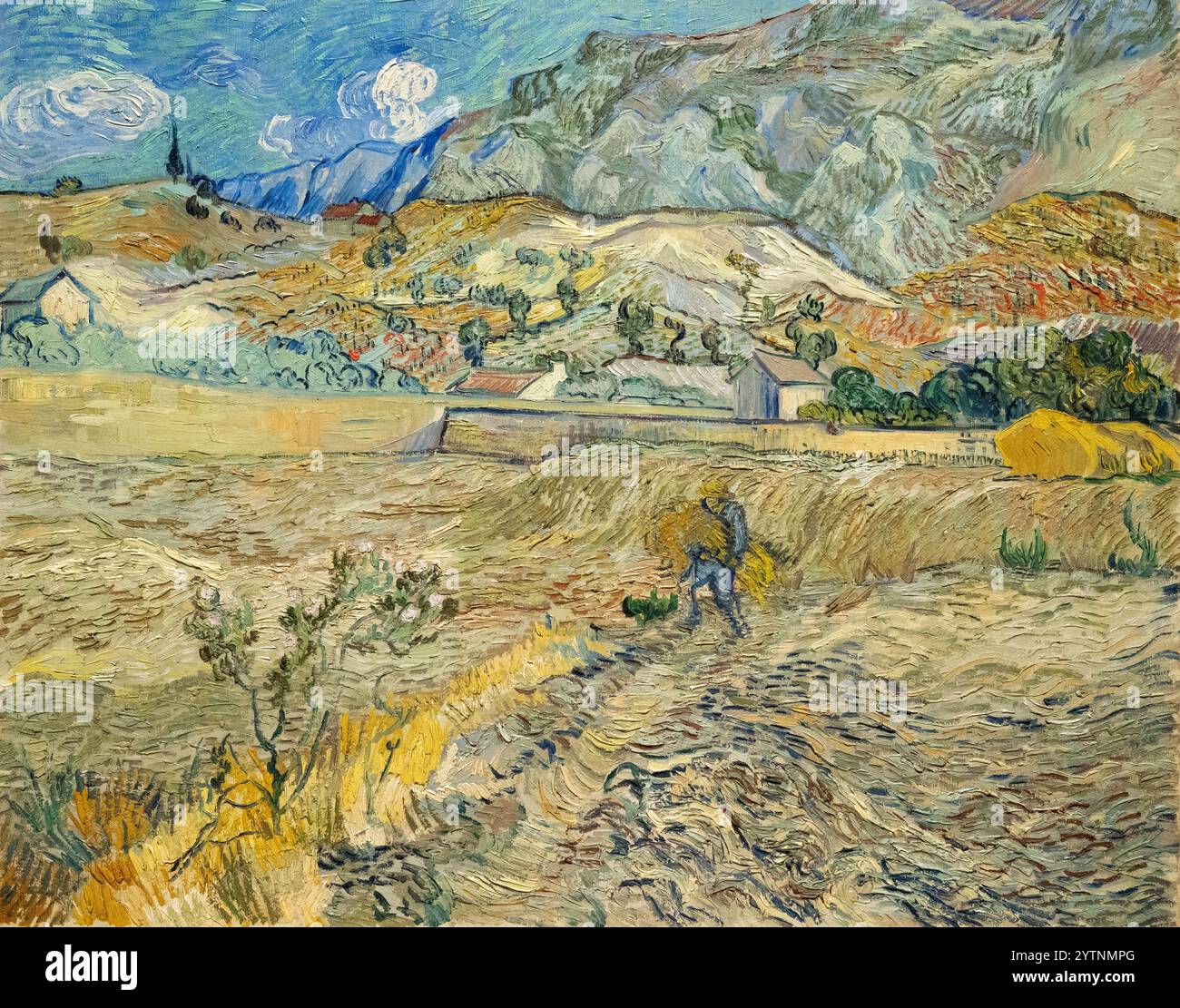 Van Gogh Landscape a Saint Remy (campo chiuso con contadino) 1889. Vincent Van Gogh pittura, paesaggio e fattoria, pittura del XIX secolo. Foto Stock