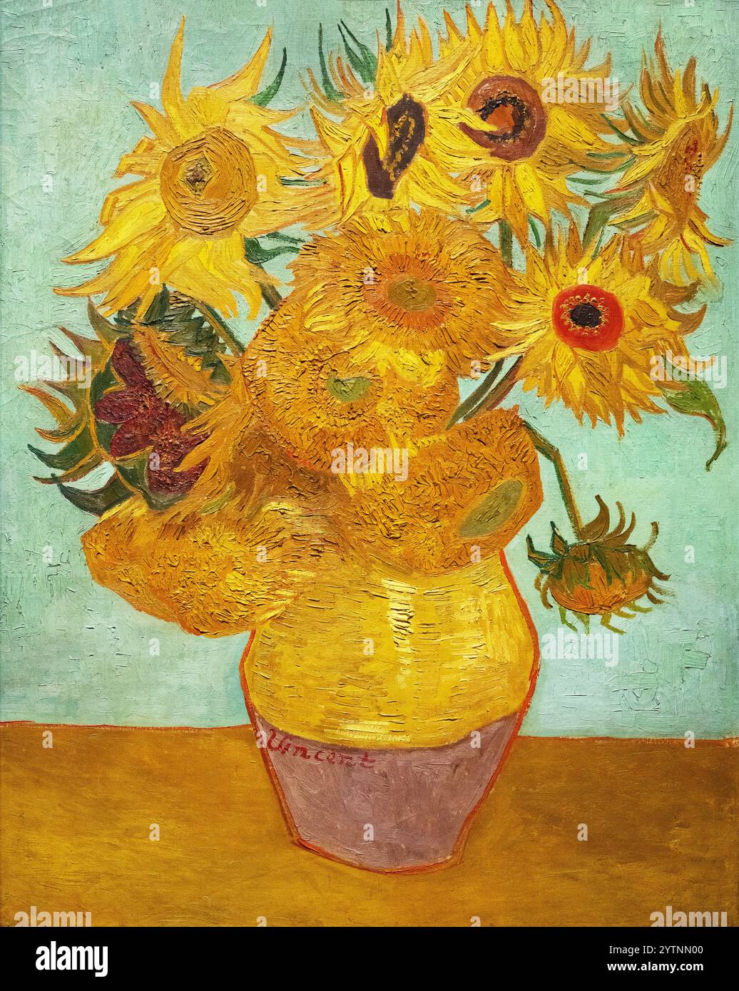 Van Gogh Girasoli 1889; Vincent Van Gogh fece una serie di dipinti di girasoli; dipinto ad olio degli anni '1800 di un vaso di fiori Foto Stock