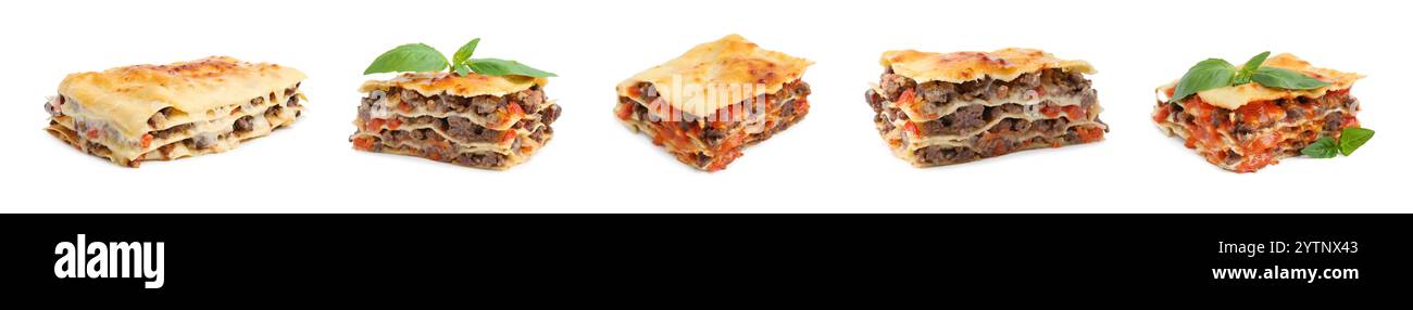Set di deliziose lasagne isolate su bianco Foto Stock