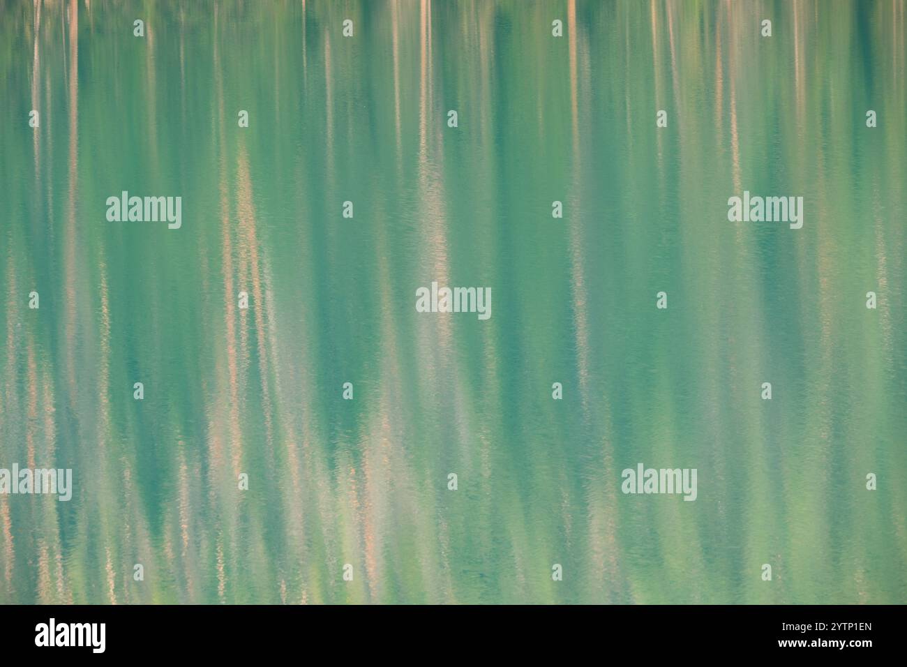 I colori astratti dell'autunno si riflettono al largo dell'acqua alimentata dal ghiacciaio del lago Emerald presso il parco nazionale di Yoho nella Columbia Britannica Foto Stock