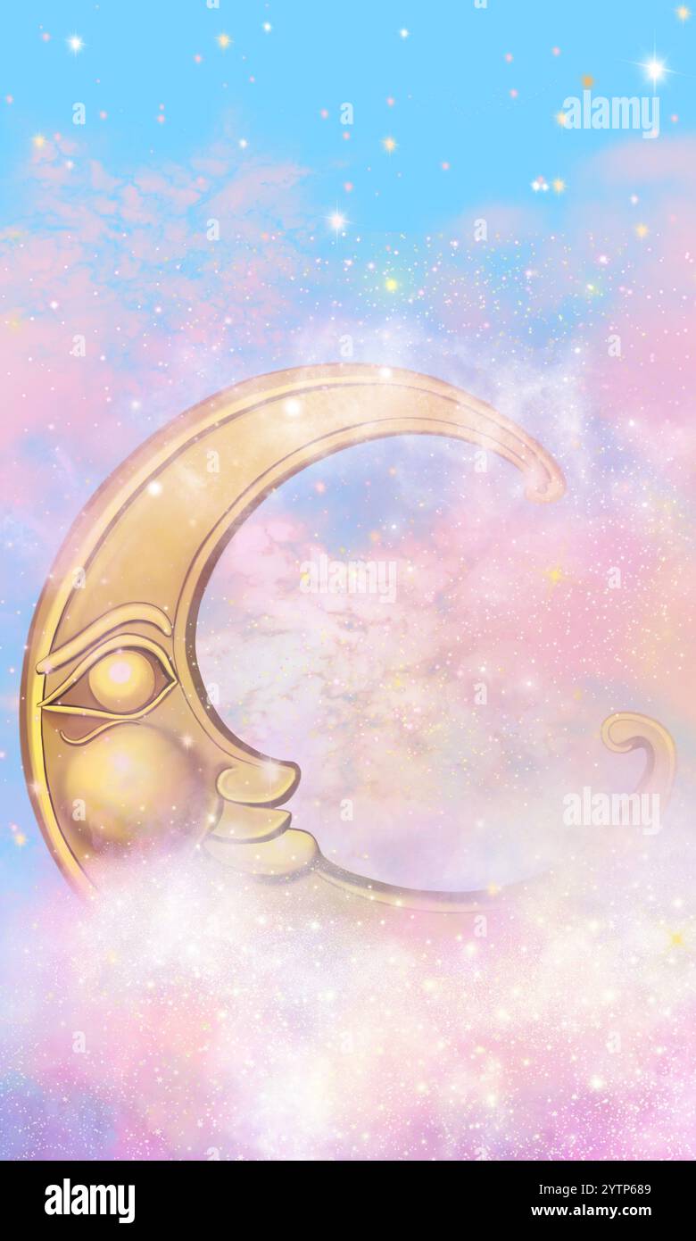 Luna dorata stilizzata tra nuvole rosa luccicanti nel cielo blu. Un'idea perfetta per storybook, background, invito e sfondo. Foto Stock
