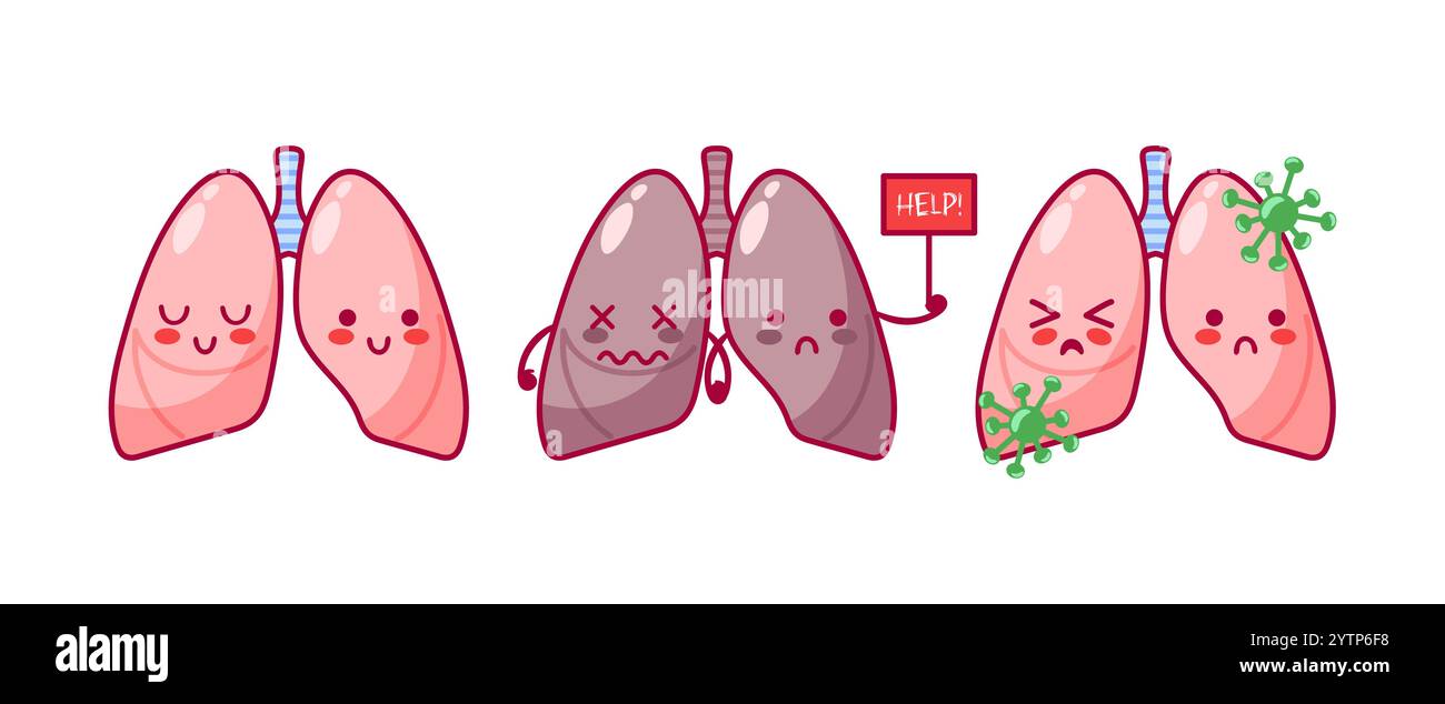 Polmoni. Set di personaggi in cartoni animati cartoni animati in stile kawaii. Sano, organo del fumatore, malattia virale, sistema respiratorio. Illustrazione vettoriale, Illustrazione Vettoriale