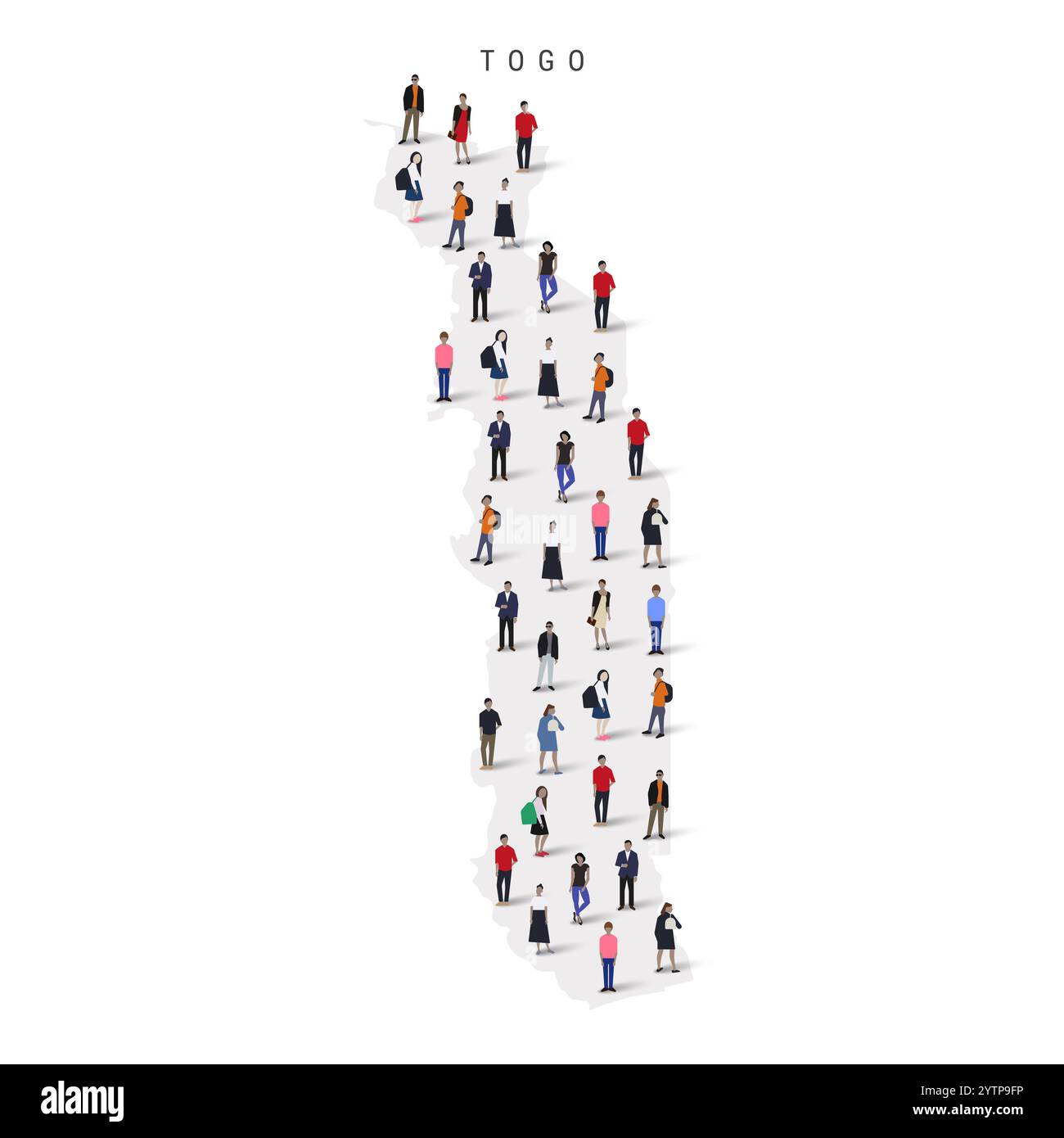 Mappa della popolazione del Togo. Un grande gruppo di persone a forma di mappa della Repubblica Togolese. Illustrazione vettoriale piatta isolata Illustrazione Vettoriale