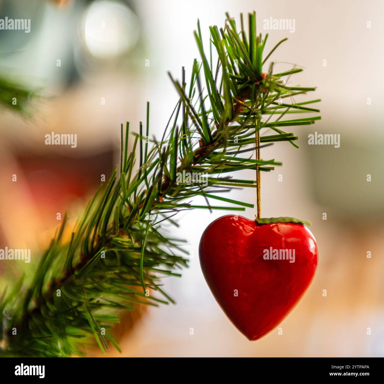 Primo piano di una decorazione a forma di cuore rossa appesa su un albero di Natale Foto Stock