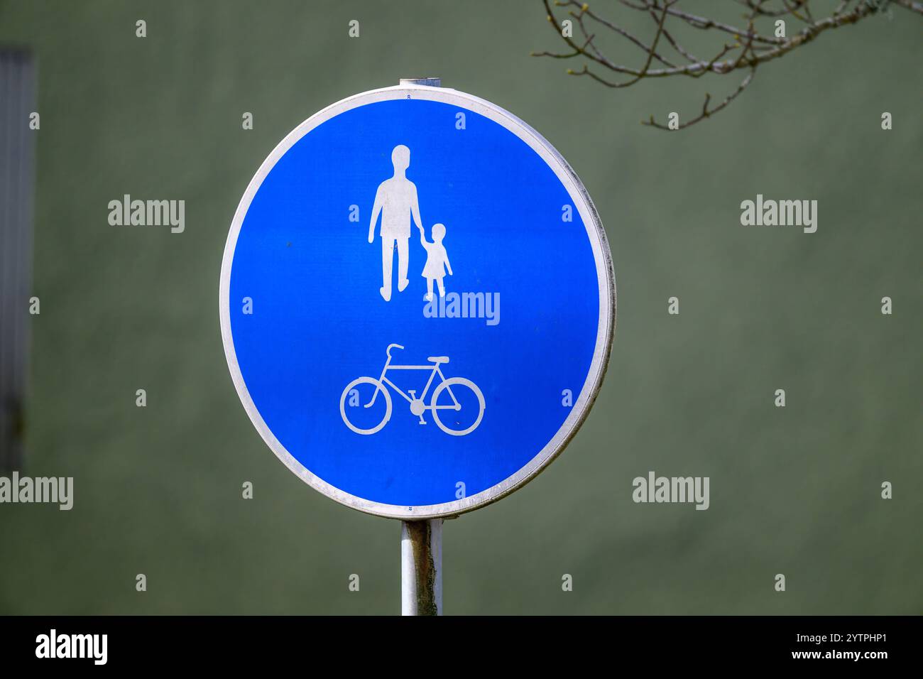 Un cartello blu circolare mostra la sagoma di un adulto che tiene la mano di un bambino accanto all'icona di una bicicletta, indicando uno spazio condiviso per pedoni e cy Foto Stock