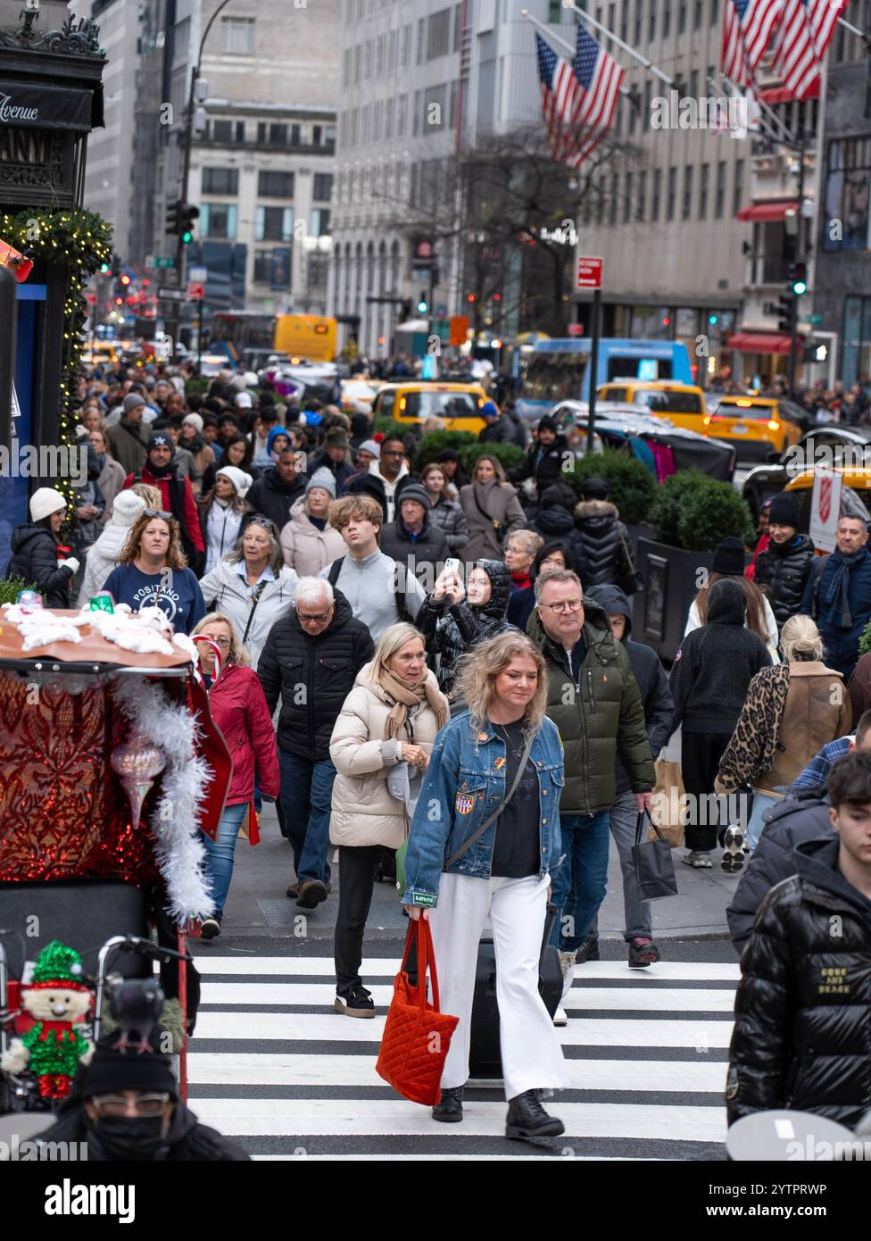 Folle di turisti e newyorkesi che camminano lungo la Fifth Avenue durante il Black Friday l'inizio non ufficiale della stagione dello shopping natalizio a New York City. Foto Stock